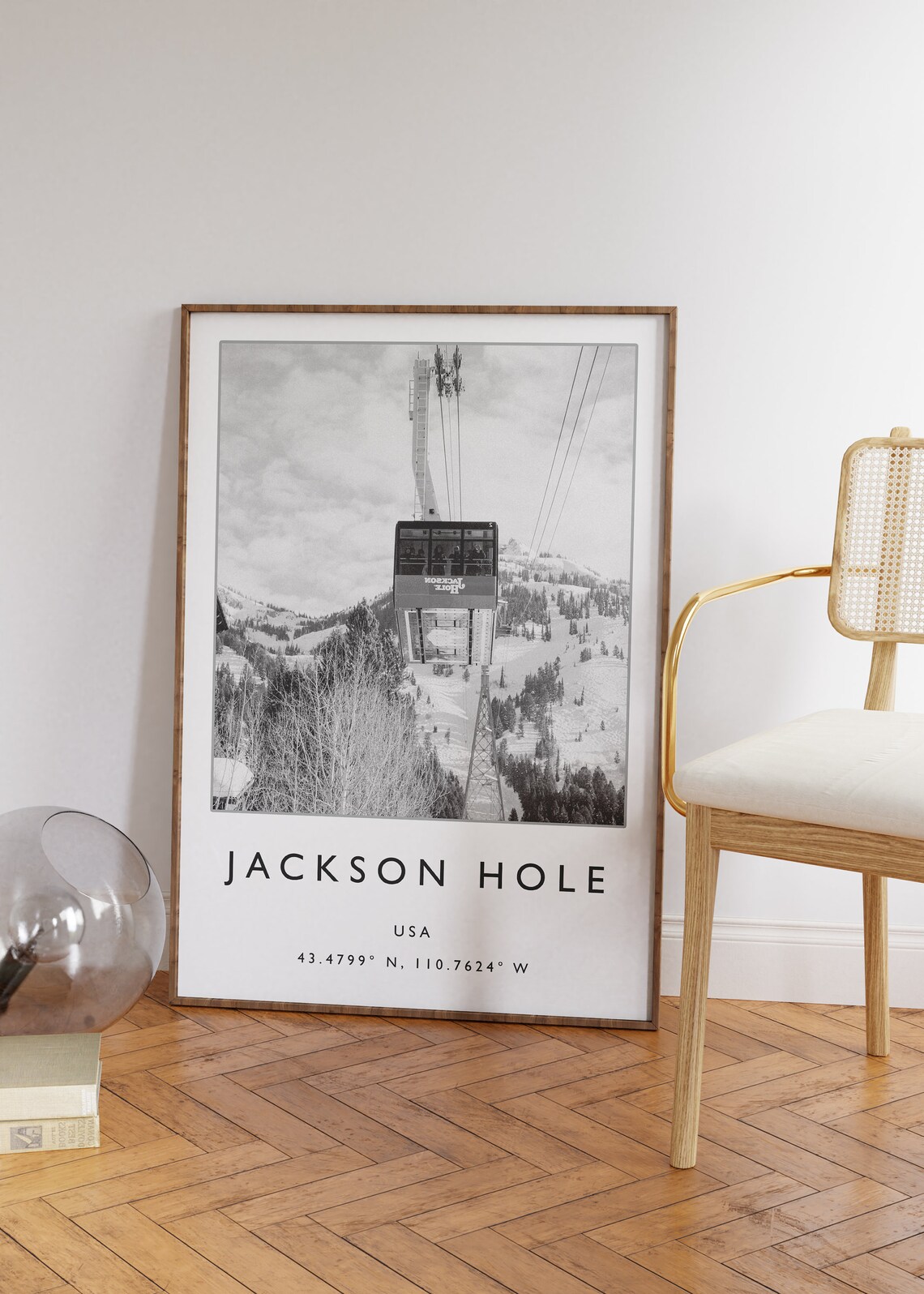 Jackson Hole USA Aerial Tram Snowy Mountain Black White Photo Poster - Image 2