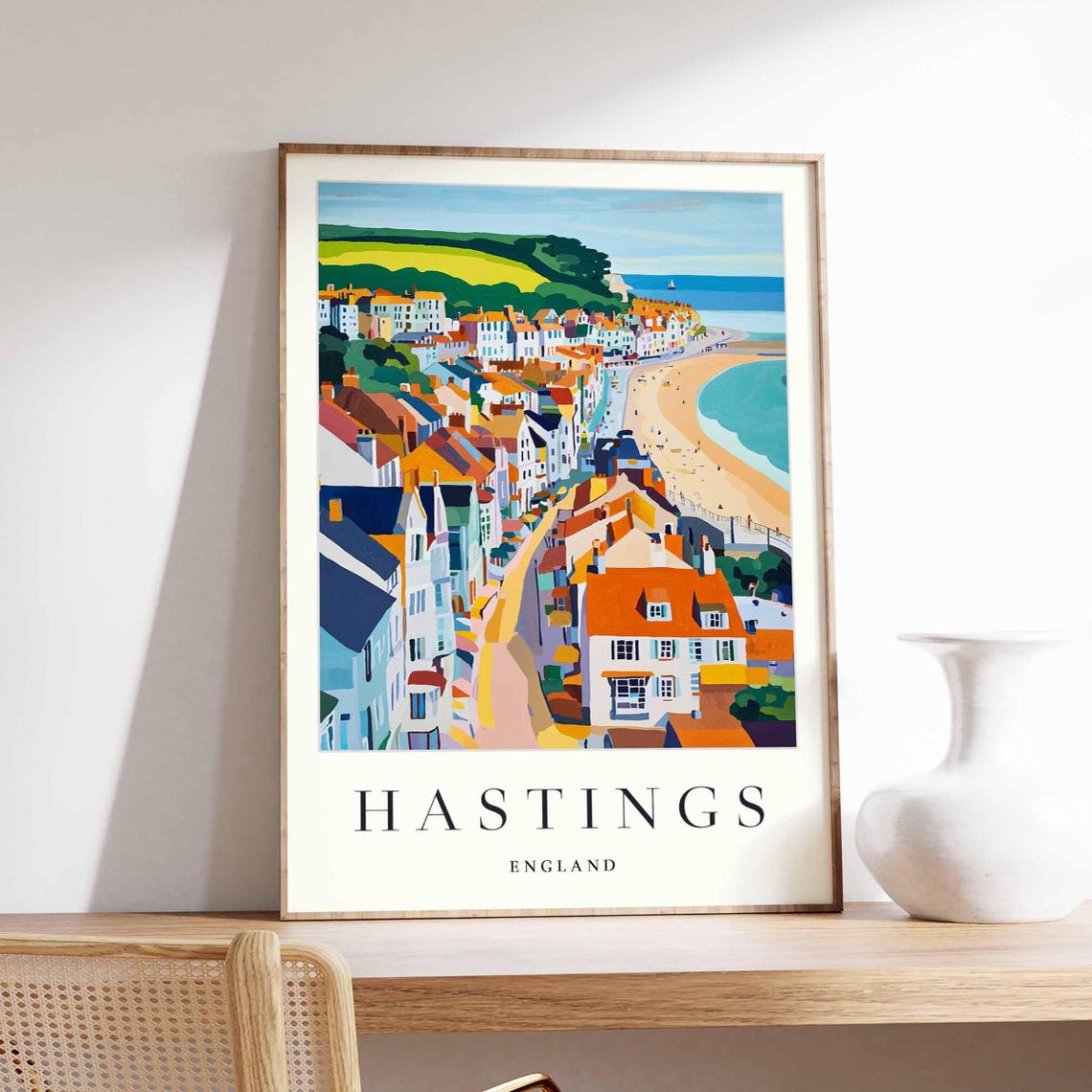Hastings England Travel Colorful Seaside Town Beach Rooftops Poster