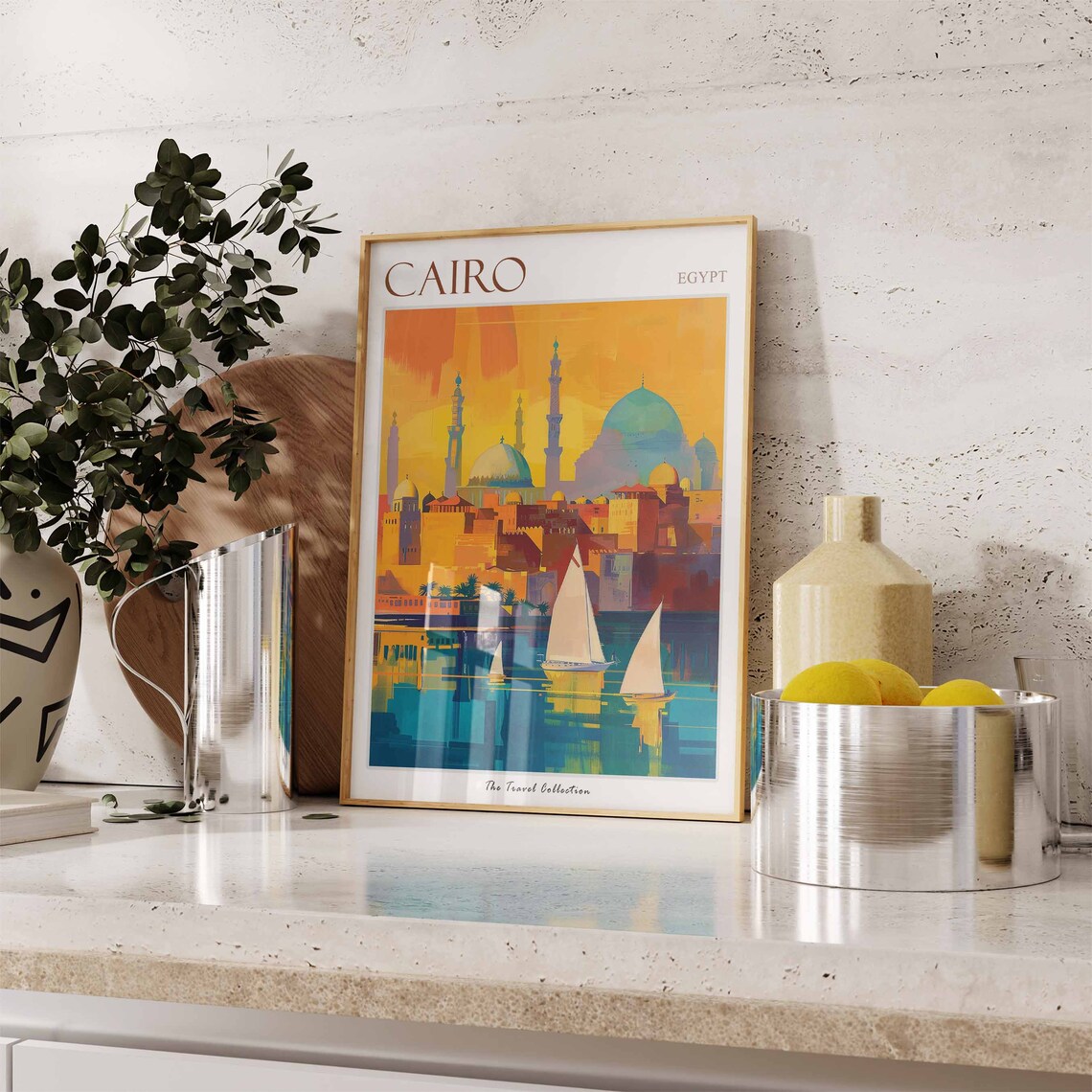 Cairo Egypt Colorful Mosque and Sailboat Nile River Art Travel Poster - Image 3