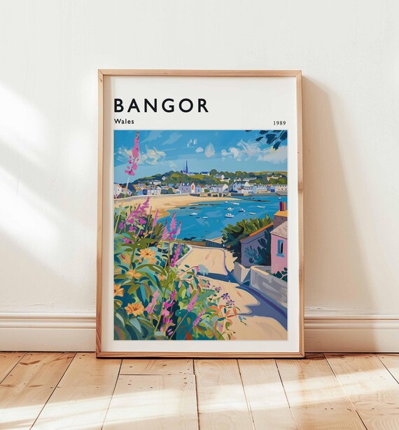 Bangor Wales 1989 Coastal Village Harbour Vintage Illustration Poster