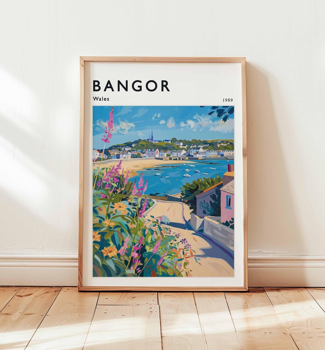 Bangor Wales 1989 Coastal Village Harbour Vintage Illustration Poster