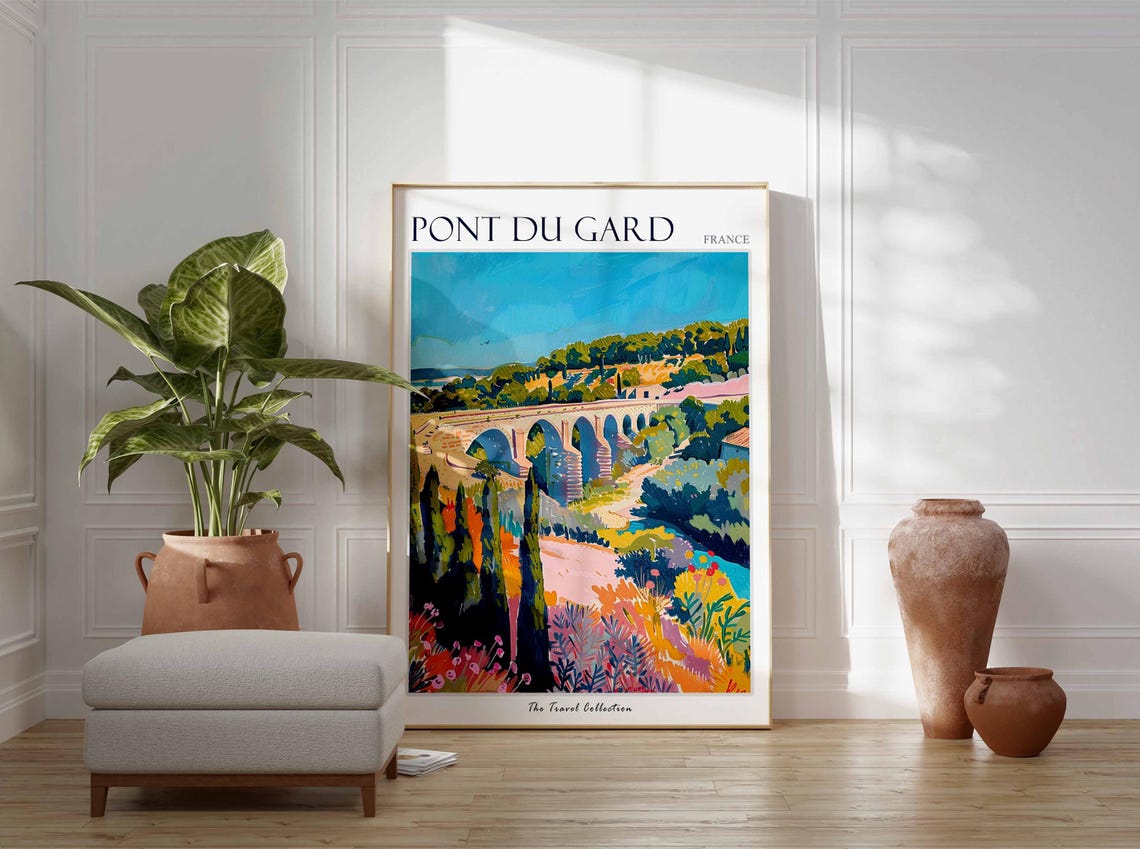 Pont Du Gard Poster France Travel Print French Decor Europe Travel Poster European Wall Art Botanical Print Pont Du Gard Travel Poster - Image 3