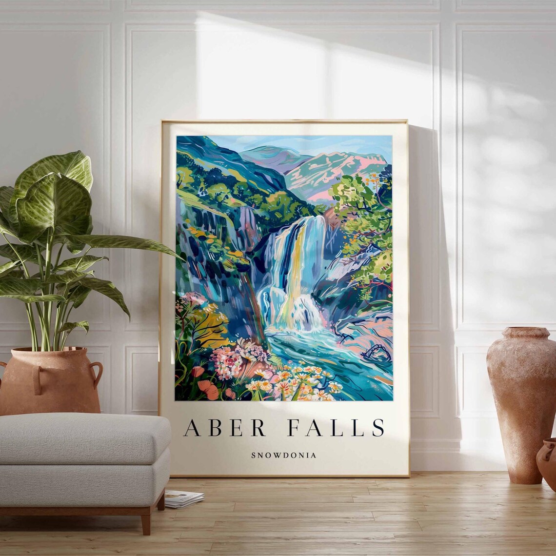 Aber Falls Snowdonia Waterfall Colorful Landscape Art Poster