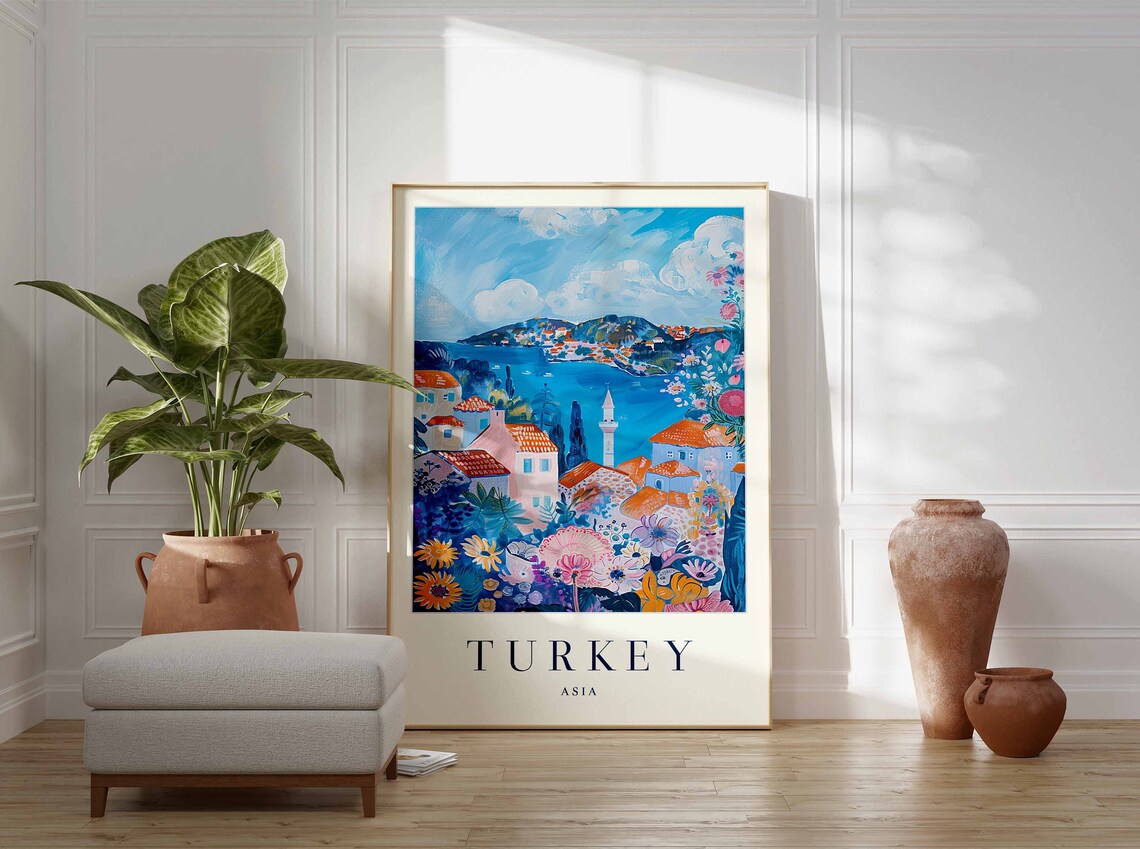 Turkey Coastal Village Minaret Blue Sea Flowers Asia Travel Poster - Image 3
