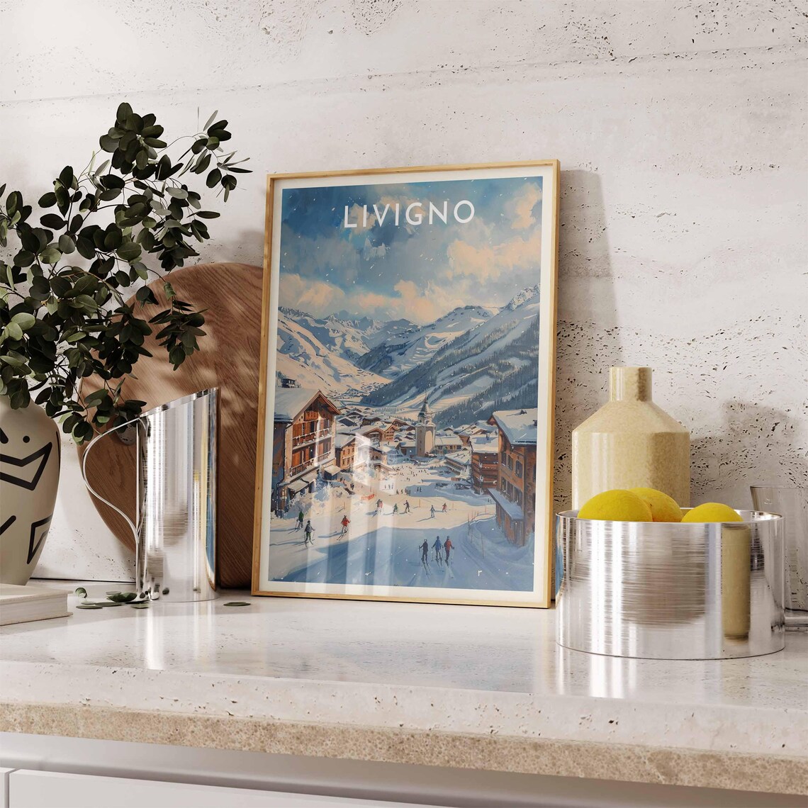 Livigno Village Street Church Tower Skiers Snow Scene Poster - Image 2