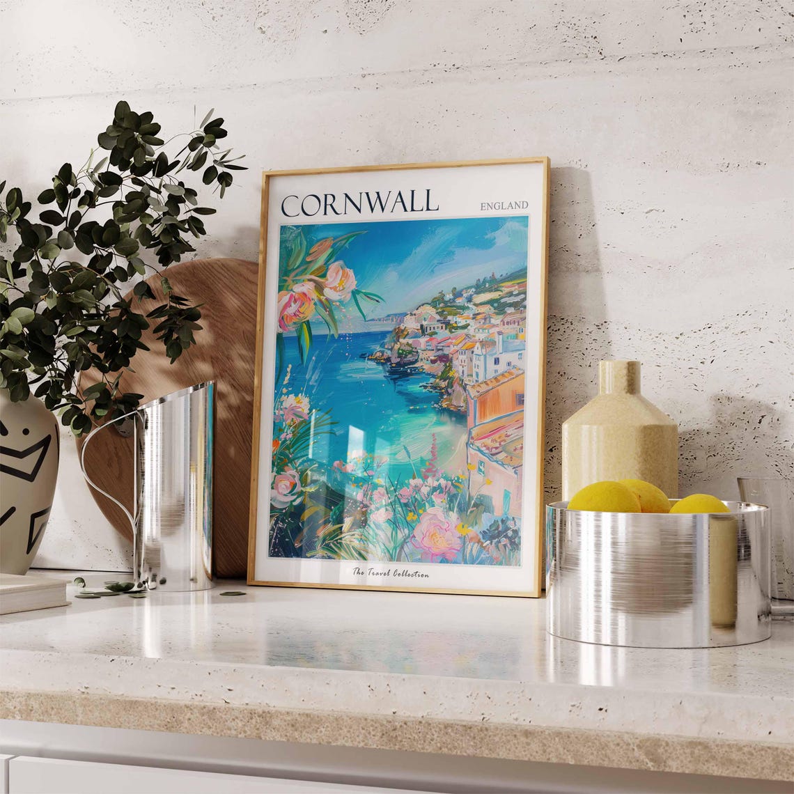 Cornwall England Harbor Village Floral Framed Coastal Art Poster - Image 3