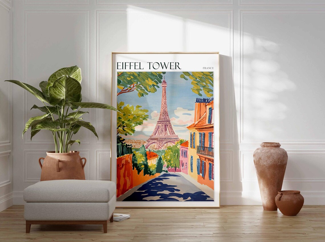 Eiffel Tower France Travel Poster Cobblestone Street Townhouse View - Image 2
