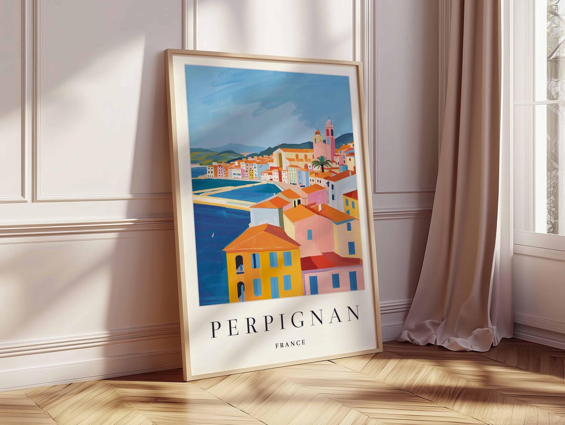 Perpignan France Waterfront Town Church Towers Deep Blue Bay Poster - Image 2