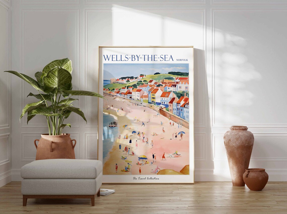 Wells-by-the-Sea Norfolk Beach Umbrellas Pastel Houses Travel Poster - Image 3