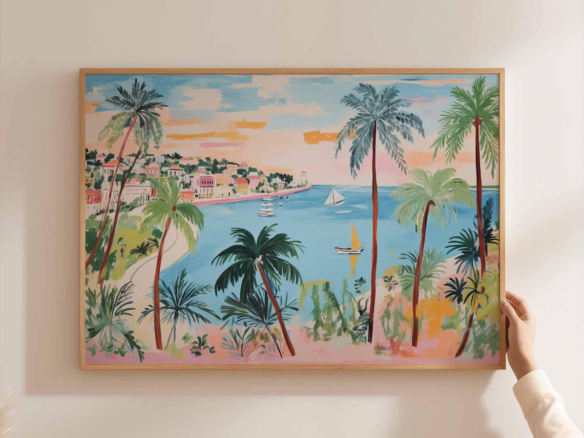 Caribbean Sunset Bay Sailboats Palm Trees Coastal Scenic Art Poster