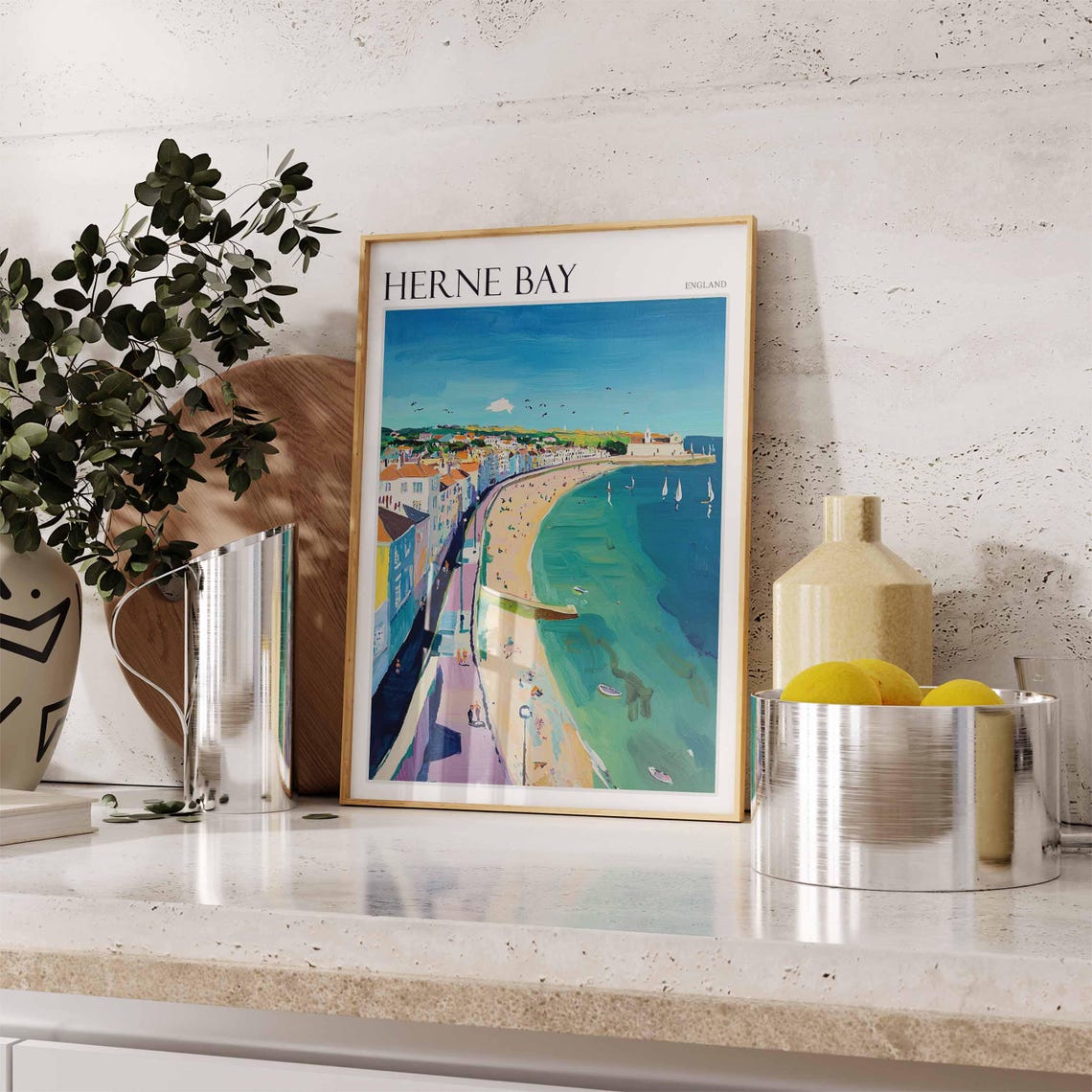 Herne Bay England Curved Beach Aerial Rooftops Sailing Poster - Image 2