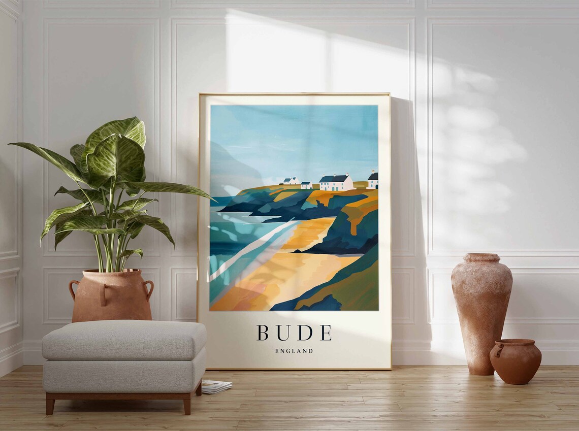 Bude England Cliffside Cottages Over Golden Beach Travel Poster - Image 3