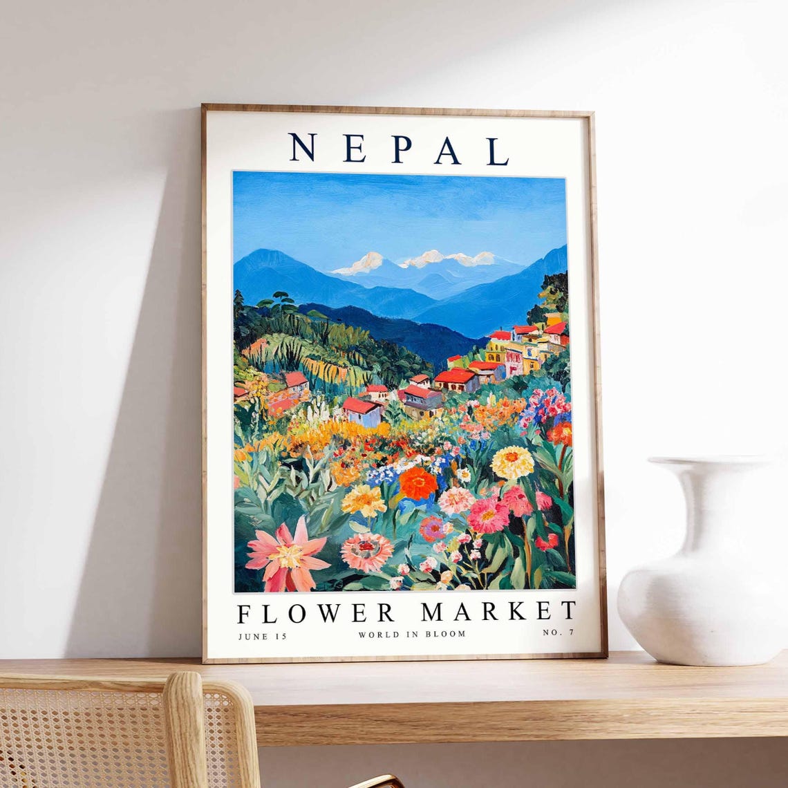 Nepal Flower Market Pink Wildflowers Lake Mountain Town Poster