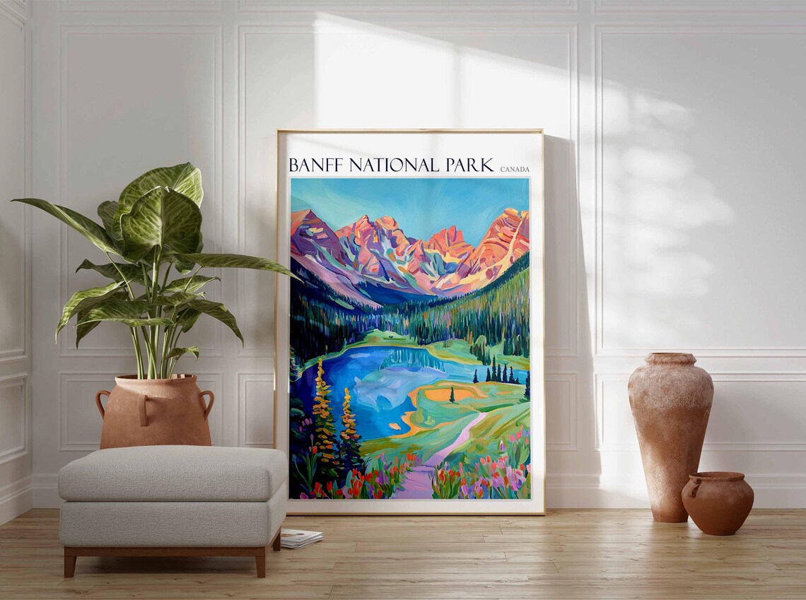 Banff National Park Canada Pink Peaks Lake and Wildflowers Art Poster - Image 2