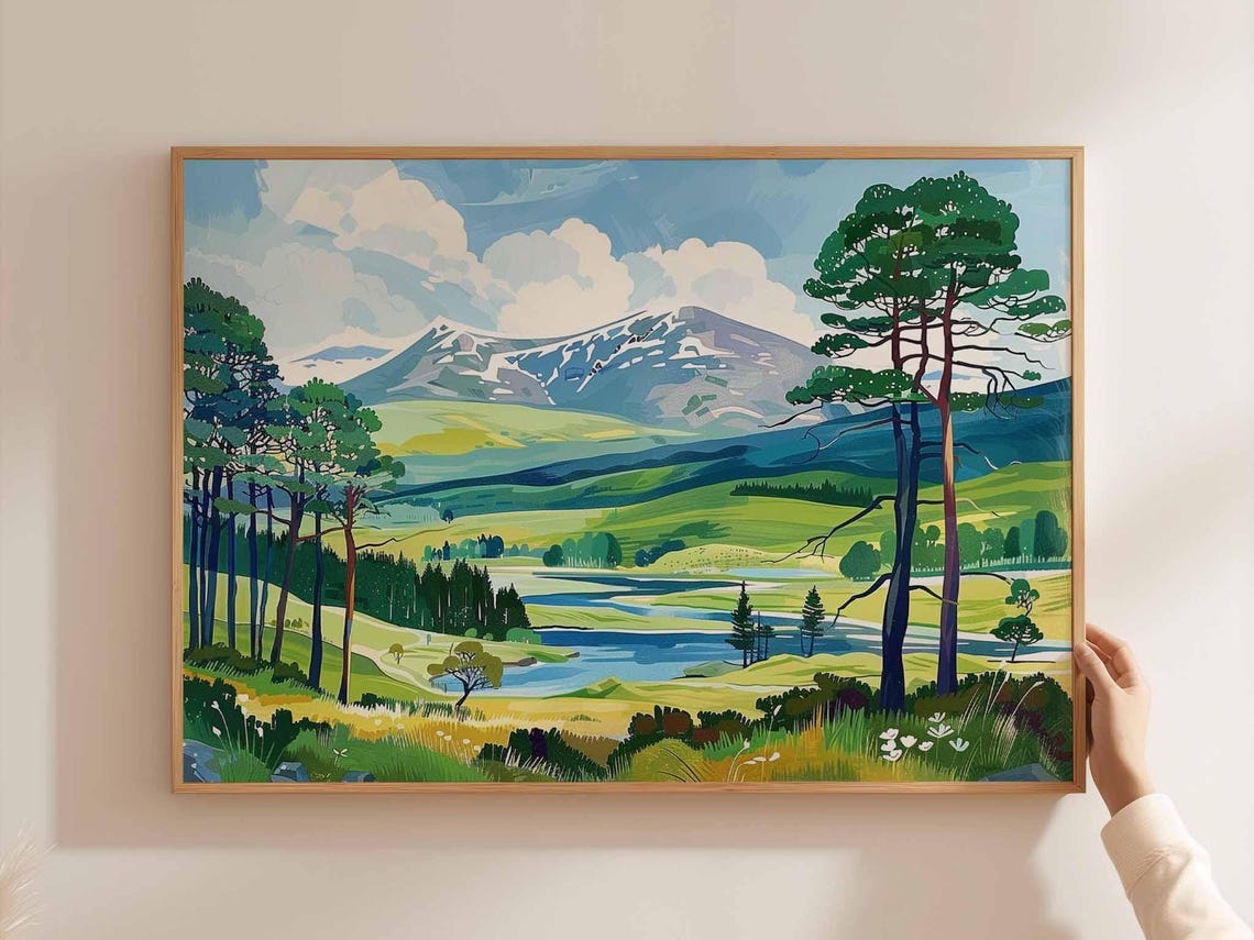 Cairngorms Pine Valley Snow Capped Mountain Green Slopes Poster