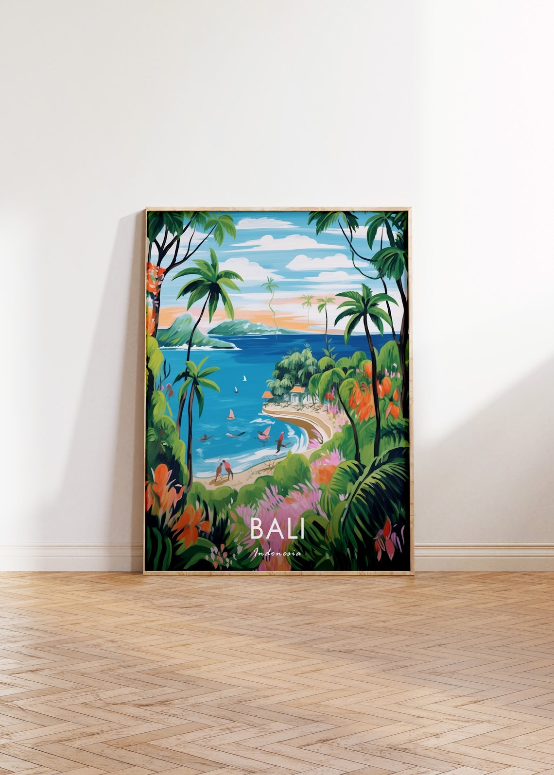 Bali Indonesia Tropical Beach Palms Surfers Painting Travel Poster - Image 2