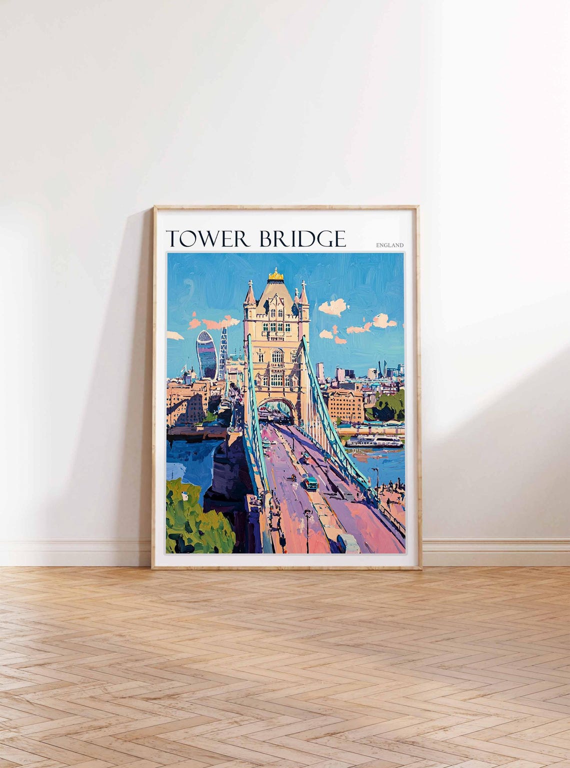Tower Bridge London Aerial View Gherkin Skyline Painted Art Poster - Image 2