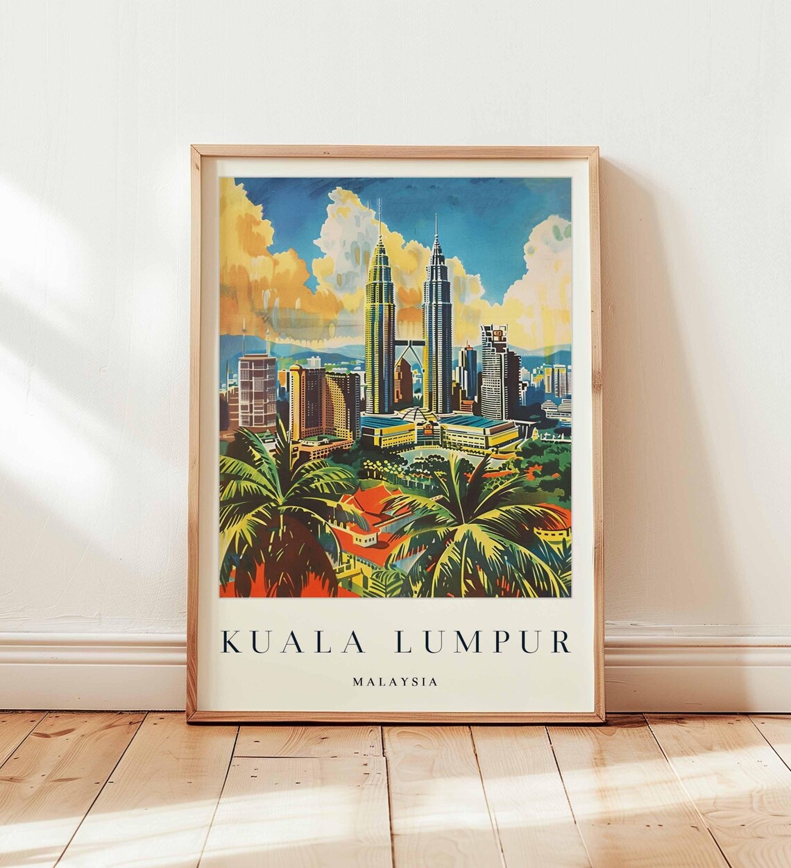 Kuala Lumpur Malaysia Travel Poster Petronas Towers Palms Skyline Sunset