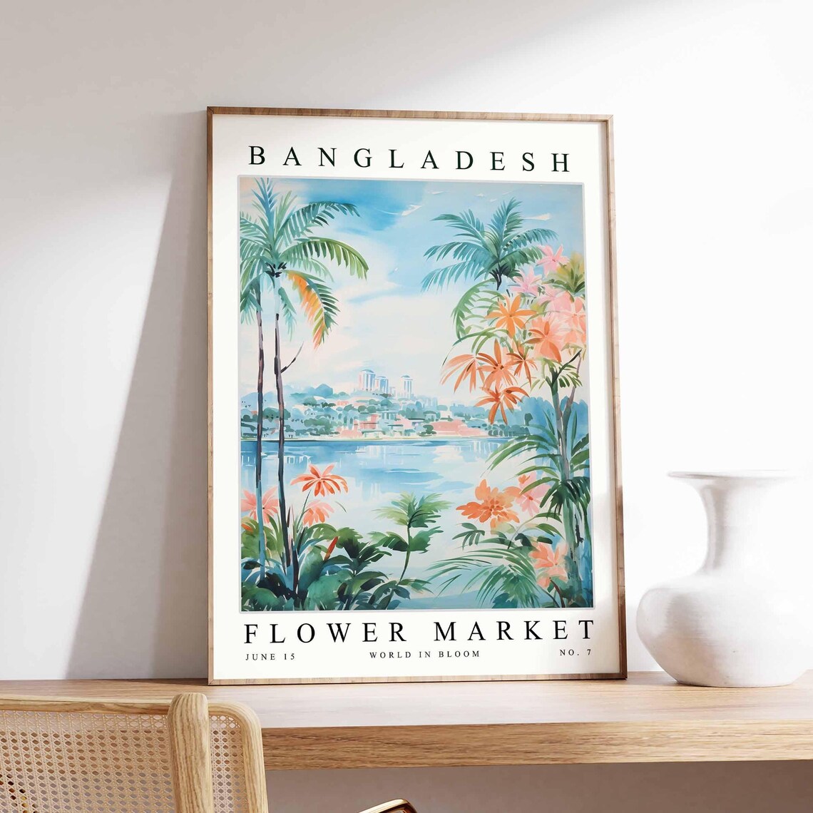 Bangladesh Lakeside City Skyline Watercolor Bloom Flower Market Poster