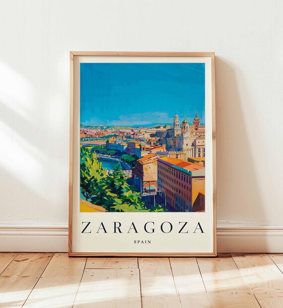 Zaragoza Spain Riverside City Panorama Cathedral Travel Poster