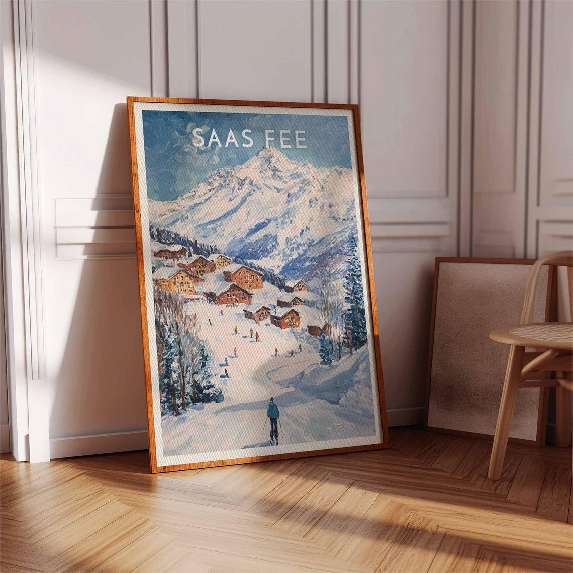 Saas Fee Switzerland Snowy Slope Skiers Chalet Cluster Big Peak Poster - Image 3
