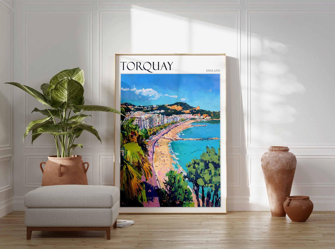 Torquay Long Beach Aerial Palms Town Painterly England Seaside Poster - Image 2