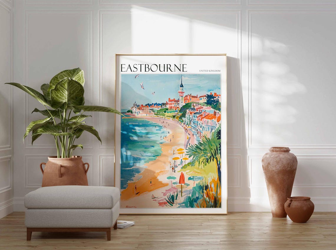 Eastbourne Sunny Beach Parasols Clock Tower Promenade Painting Poster - Image 3