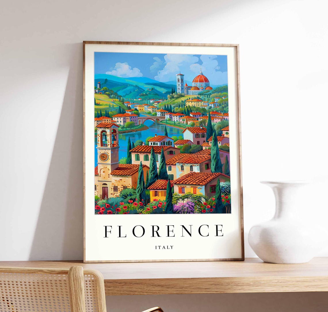Florence Italy Folk Art Bell Tower Colorful View Travel Poster