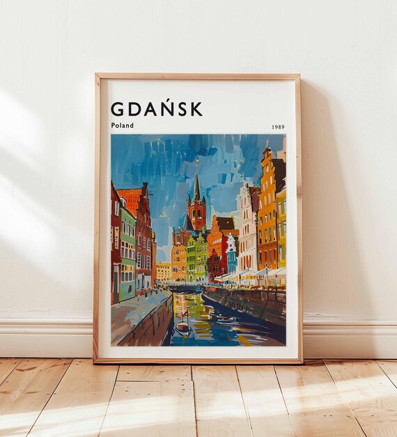 Gdansk Poland Waterfront Canal Retro Travel Poster 1989 Edition