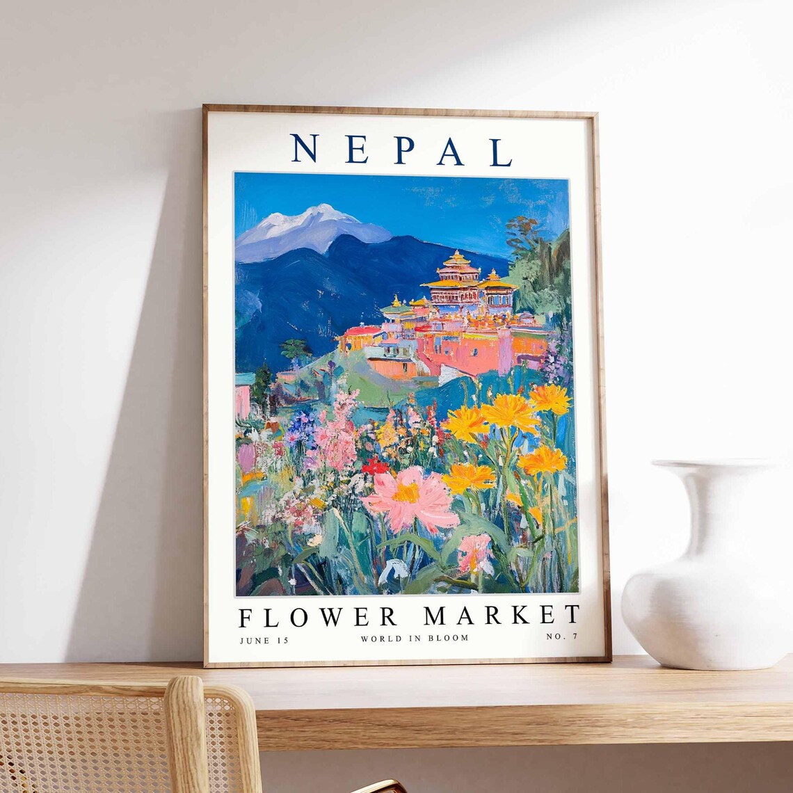 Nepal Flower Market Pink Cosmos Golden Himalayan Temple Lake Poster