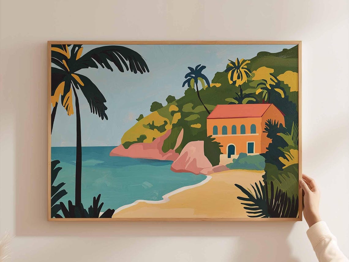 Island Hillside House With Orange Roof Above A Teal Sea Poster