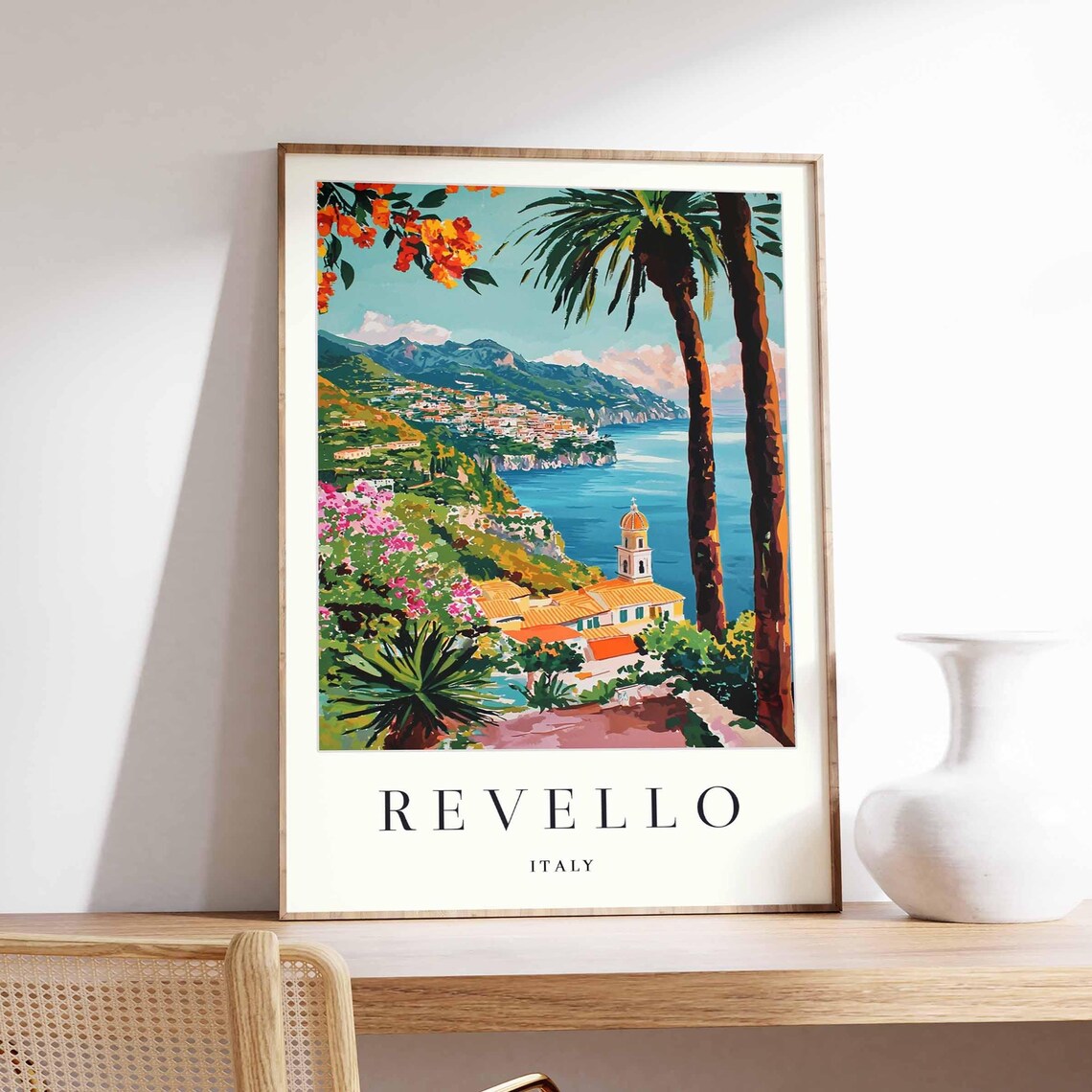 Revello Italy Palm Trees Coastal Town Bay Mountains Coast Poster