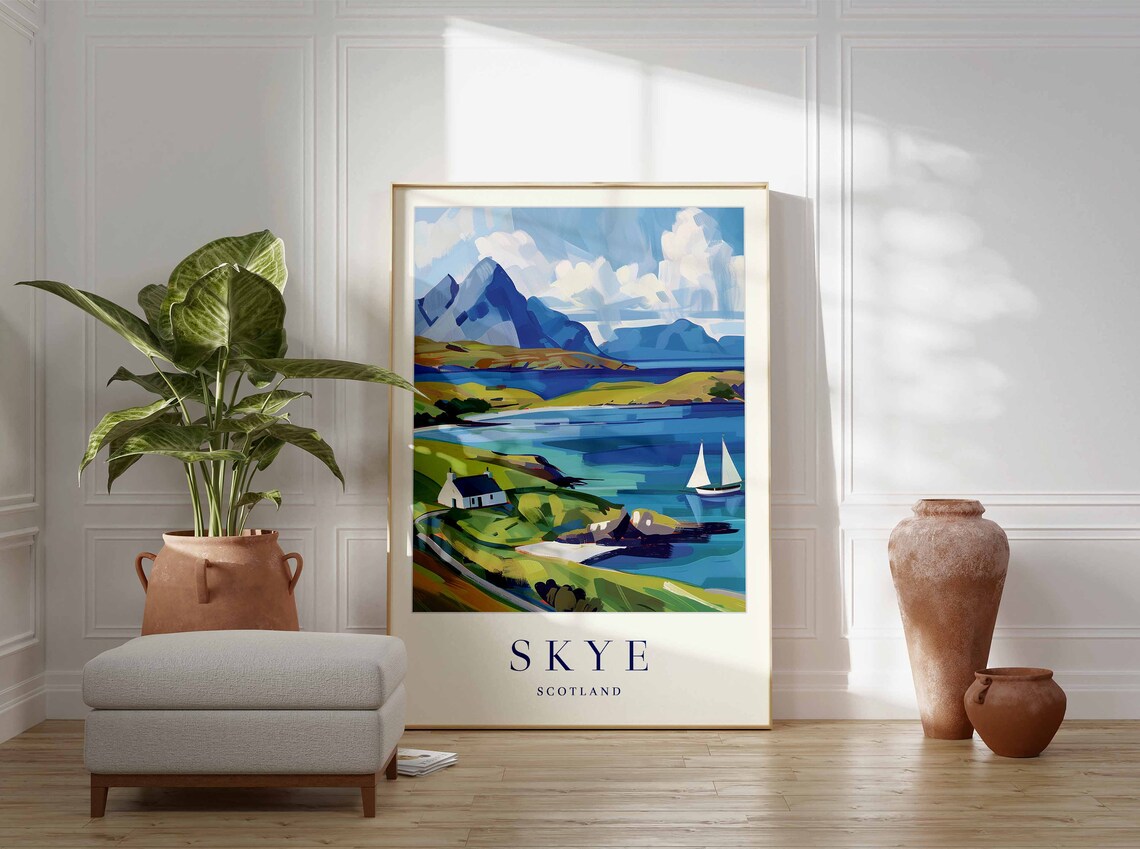 Skye Scotland Travel Poster Mountain Loch Sailboat Cottage Coastal Art - Image 3