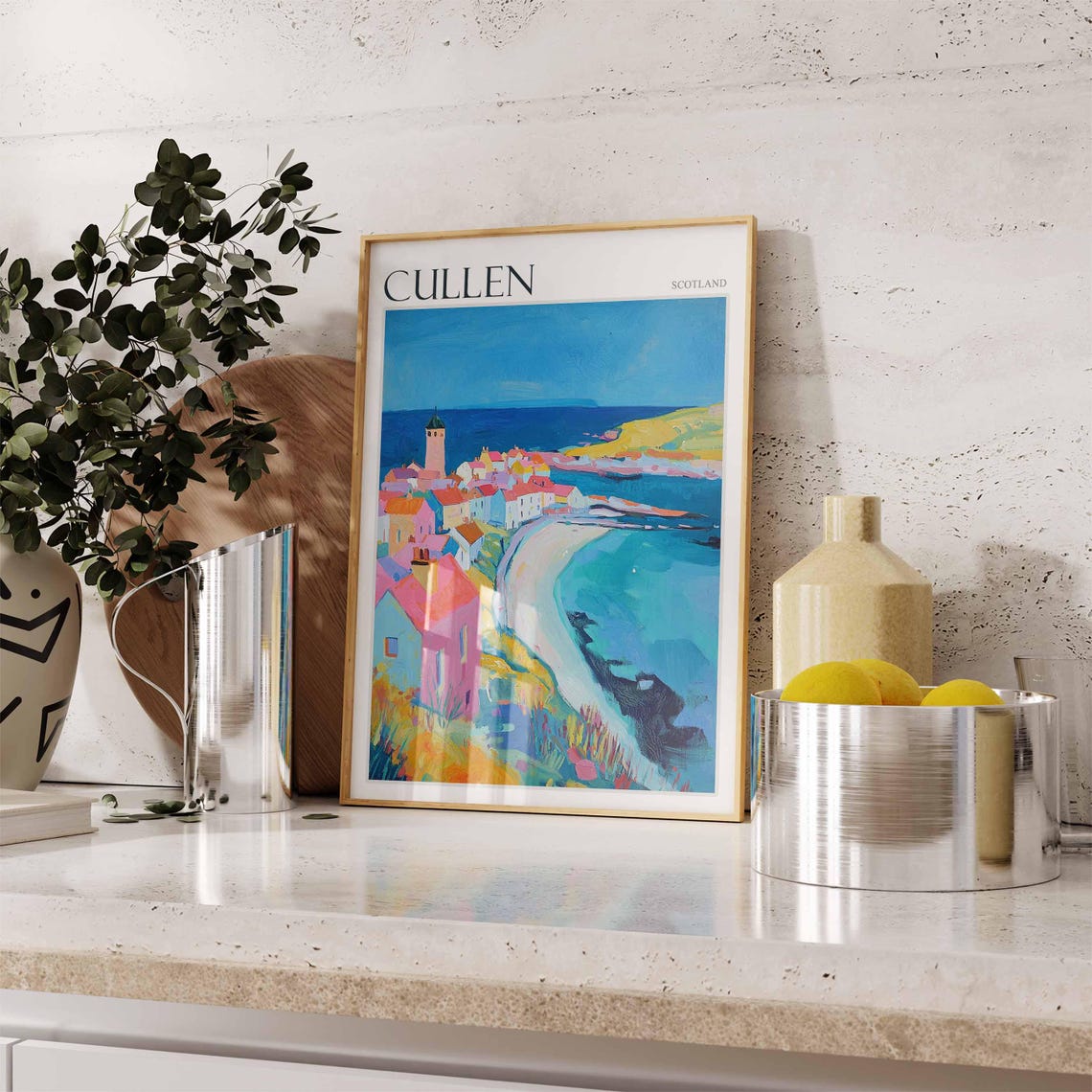 Cullen Scotland Turquoise Bay and Church Tower Sandy Beach Poster - Image 2