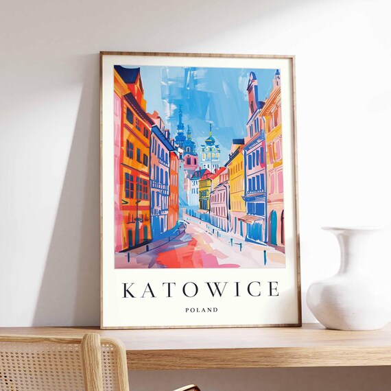 Katowice Poland Colorful Street Church Towers Silesia Travel Poster