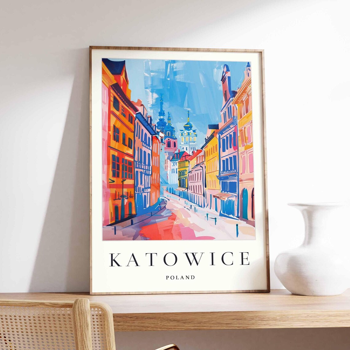 Katowice Poland Colorful Street Church Towers Silesia Travel Poster