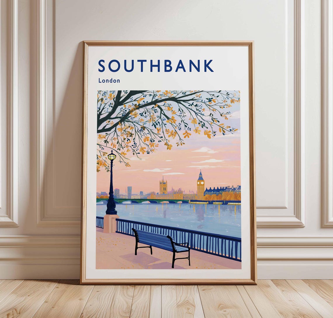 Southbank London Riverside Bench Big Ben Sunset View Travel Poster