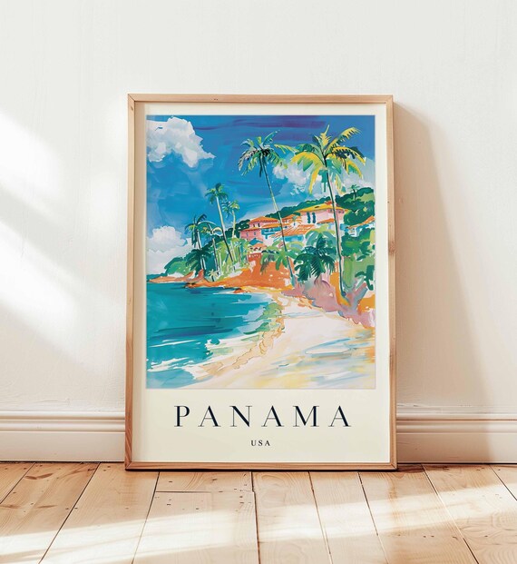 Panama USA Sandy Beach Palm Trees Hillside Ocean Bay Travel Poster