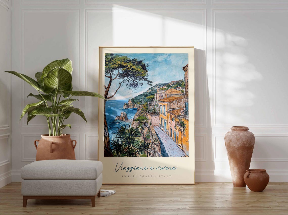 Amalfi Coast Narrow Street Old Buildings Cypress Travel Poster - Image 3
