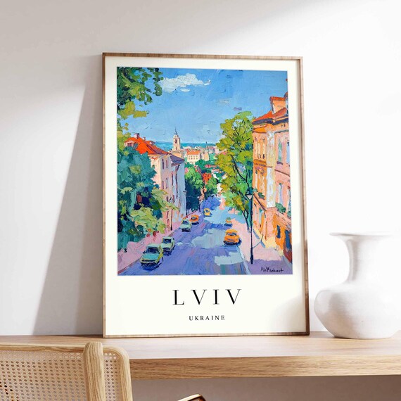 Lviv Ukraine Sunny Summer Street Scene With Church Tower Poster