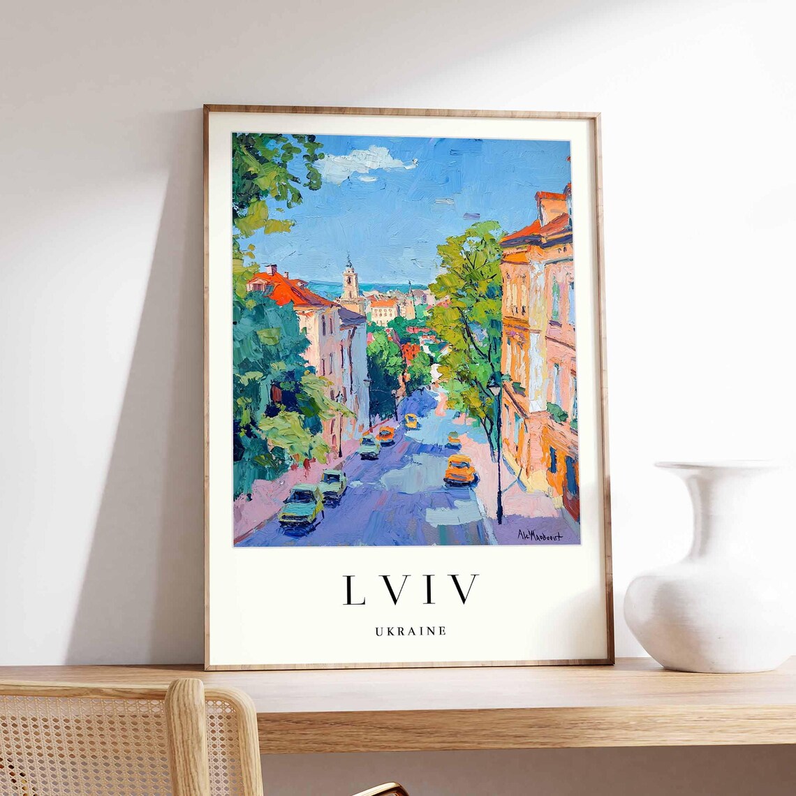 Lviv Ukraine Sunny Summer Street Scene With Church Tower Poster