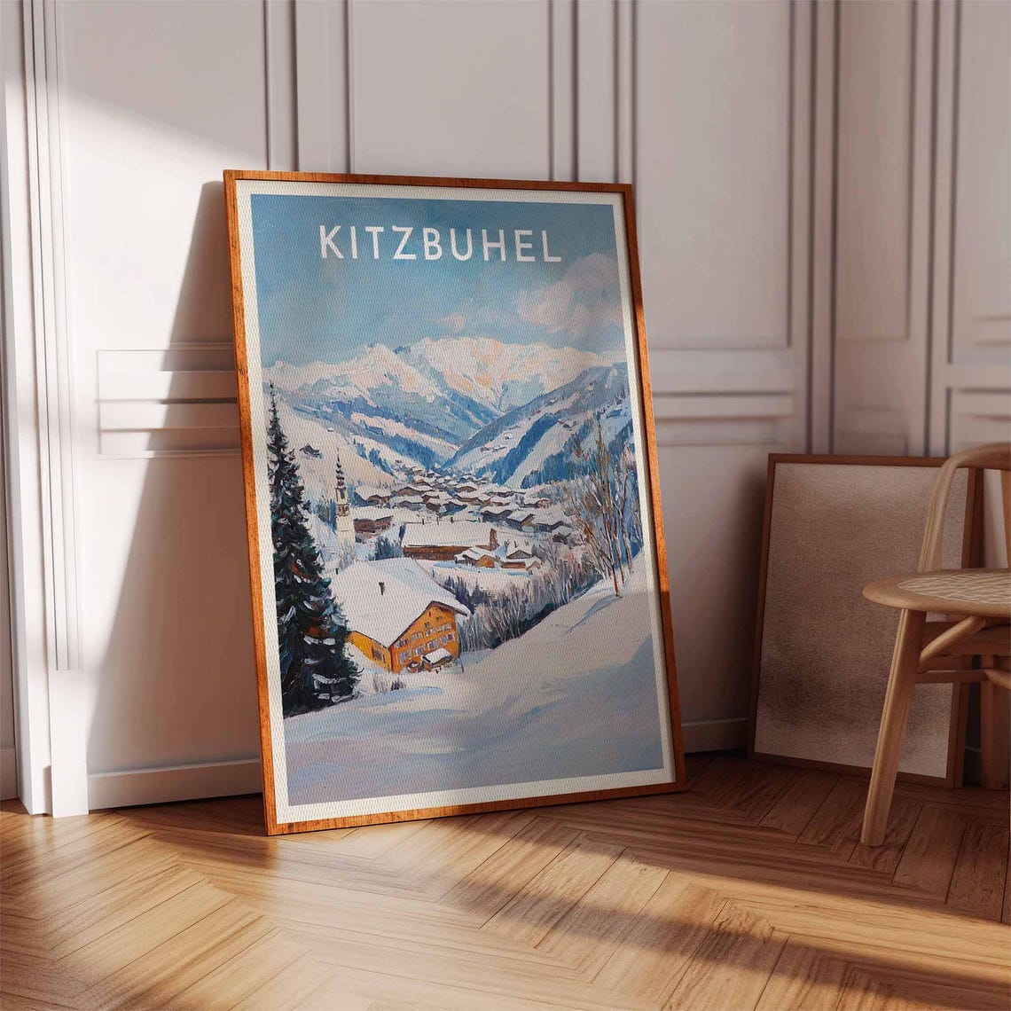 Kitzbuhel Austria Painterly Orange Chalet Over Town Travel Poster - Image 2
