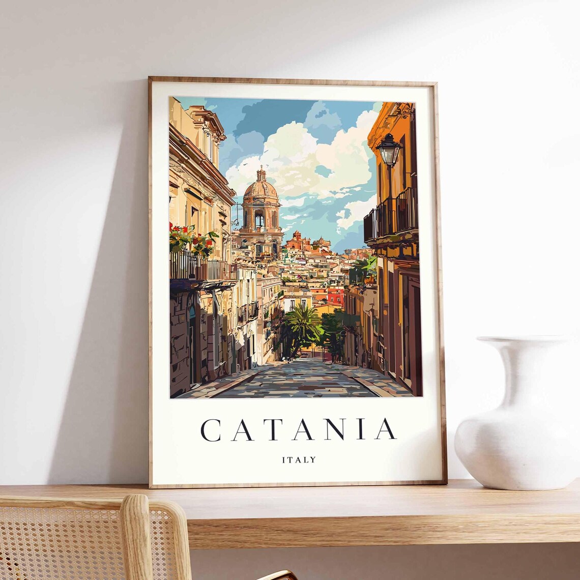 Catania Italy Old Town Street and Dome Vintage Travel Poster