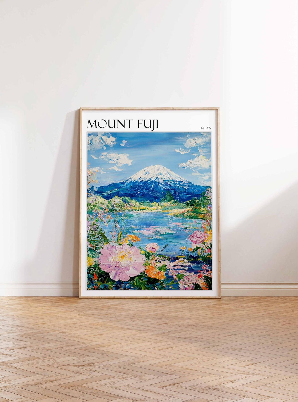 Mount Fuji Japan Lake Reflection with Pink Peony Blooms Travel Poster - Image 4