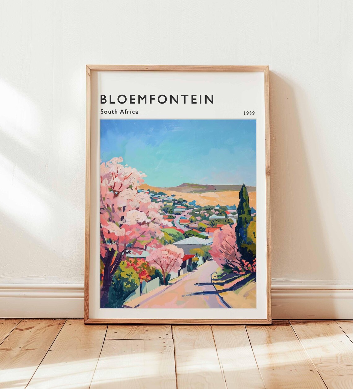 Bloemfontein South Africa 1989 Pink Blossom Road Hillside Watercolor Travel Poster