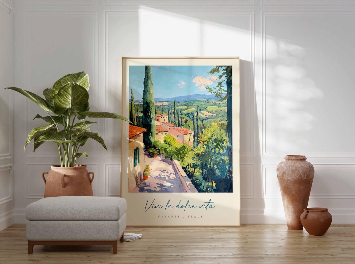 Chianti Italy Vivi la Dolce Vita Sunlit Terrace Valley Painting Poster - Image 3