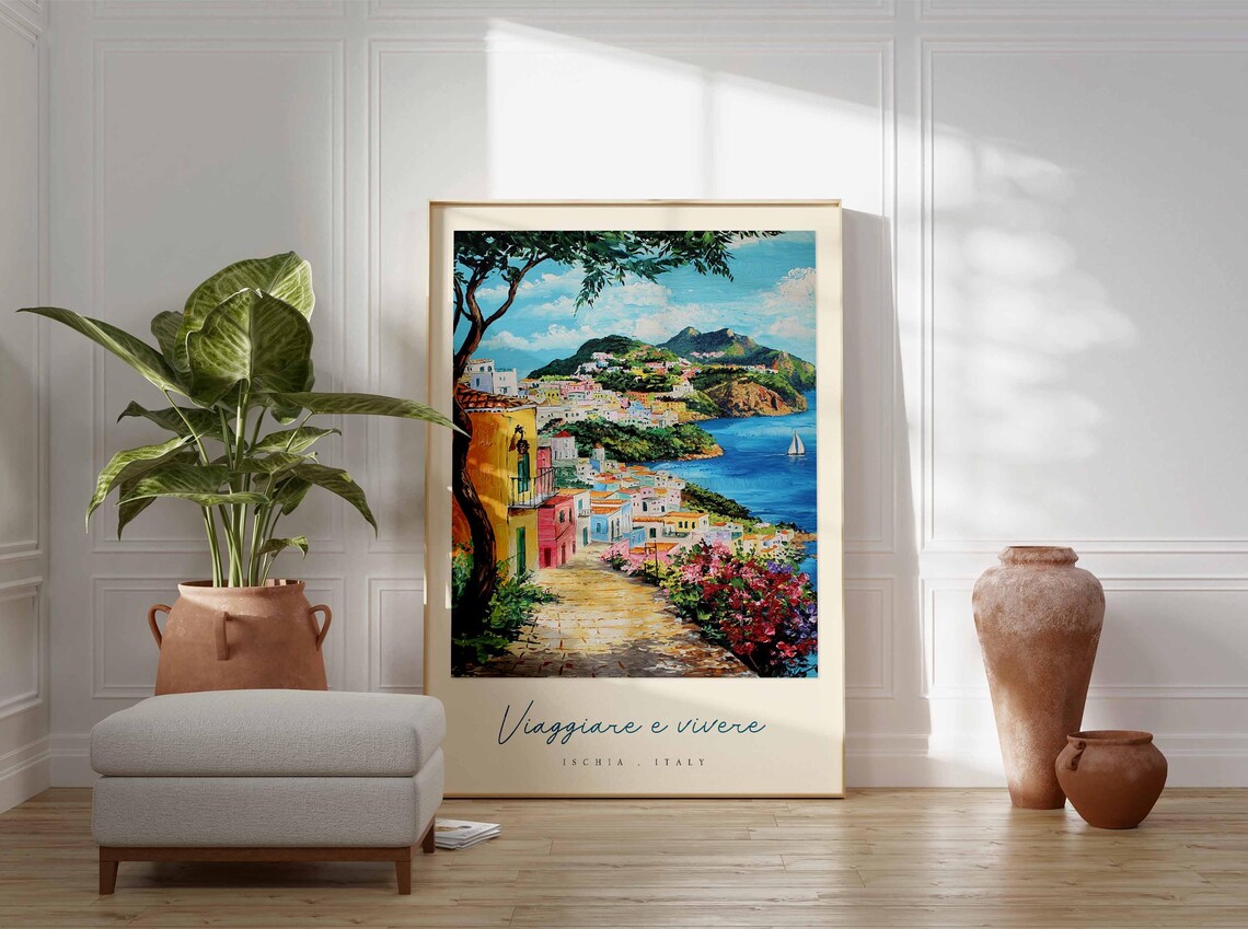 Ischia Italy Cobblestone Lane Colorful Houses Sea View Poster - Image 3