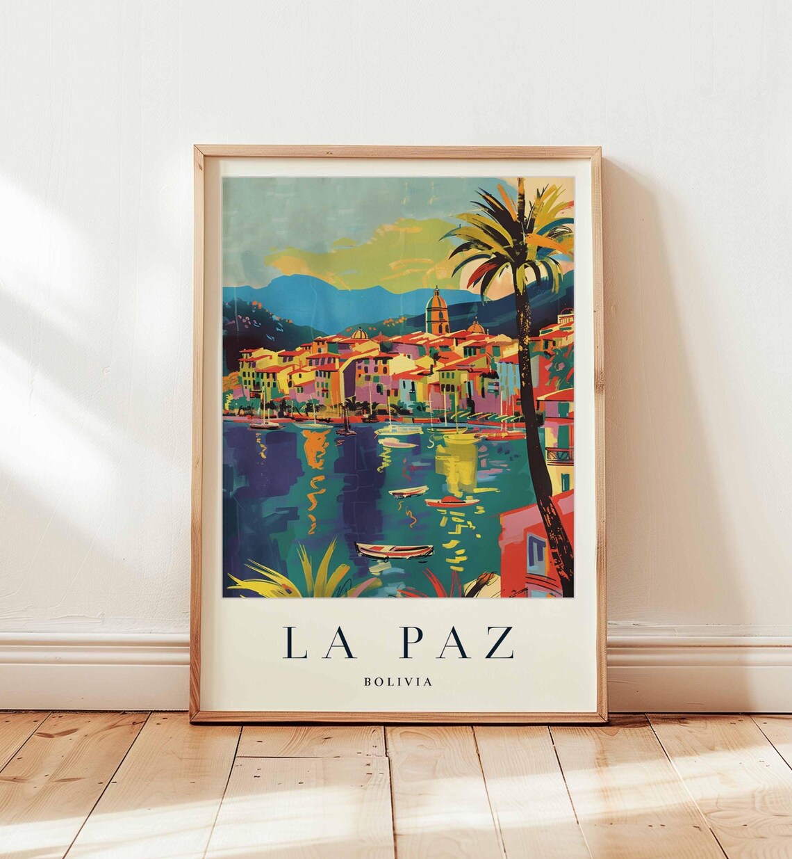 La Paz Bolivia Vibrant Palm Tree Sunset Harbor Travel Poster
