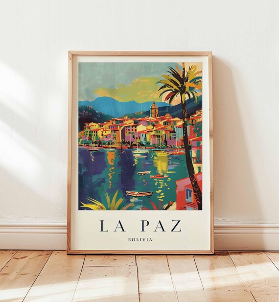 La Paz Bolivia Vibrant Palm Tree Sunset Harbor Travel Poster