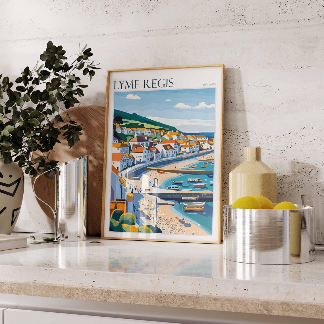Lyme Regis England Harbor Boats Beach Hillside Old Town Poster - Image 2